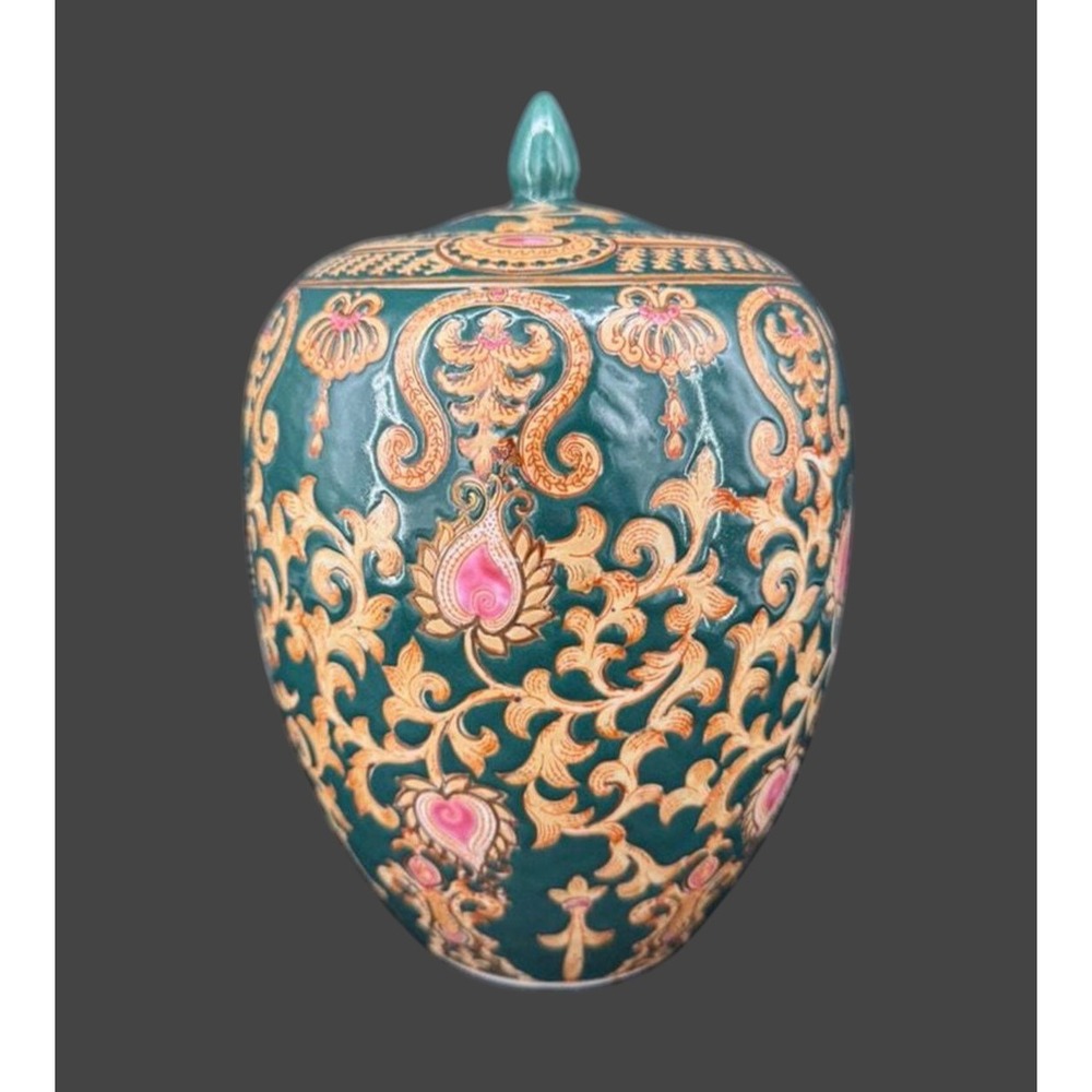 Vintage Chinoiserie Ceramic Ginger Jar Urn with Lid Emerald Green Floral Gold